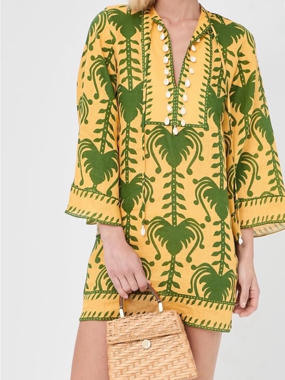Johanna Ortiz - Women's Yellow & Green Printed Tunic Dress - Shell Button Detail - Picture 3 of 7